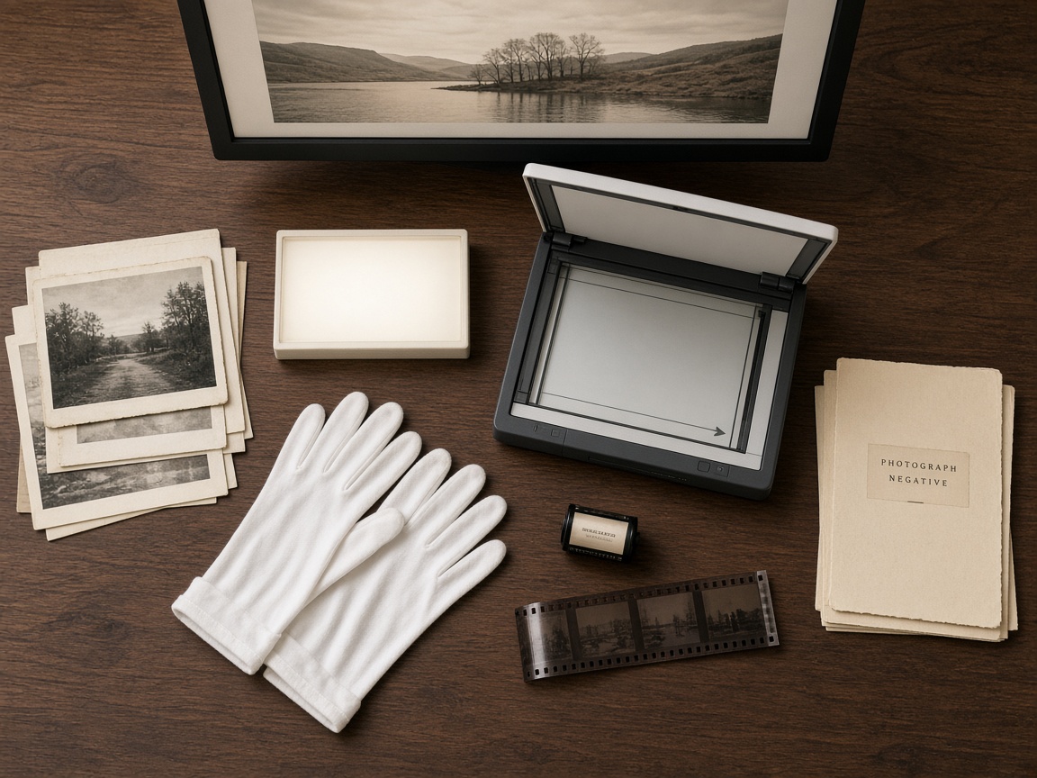 Restoration work table with old photographs, a scanner, a light box, and a monitor showing a photograph