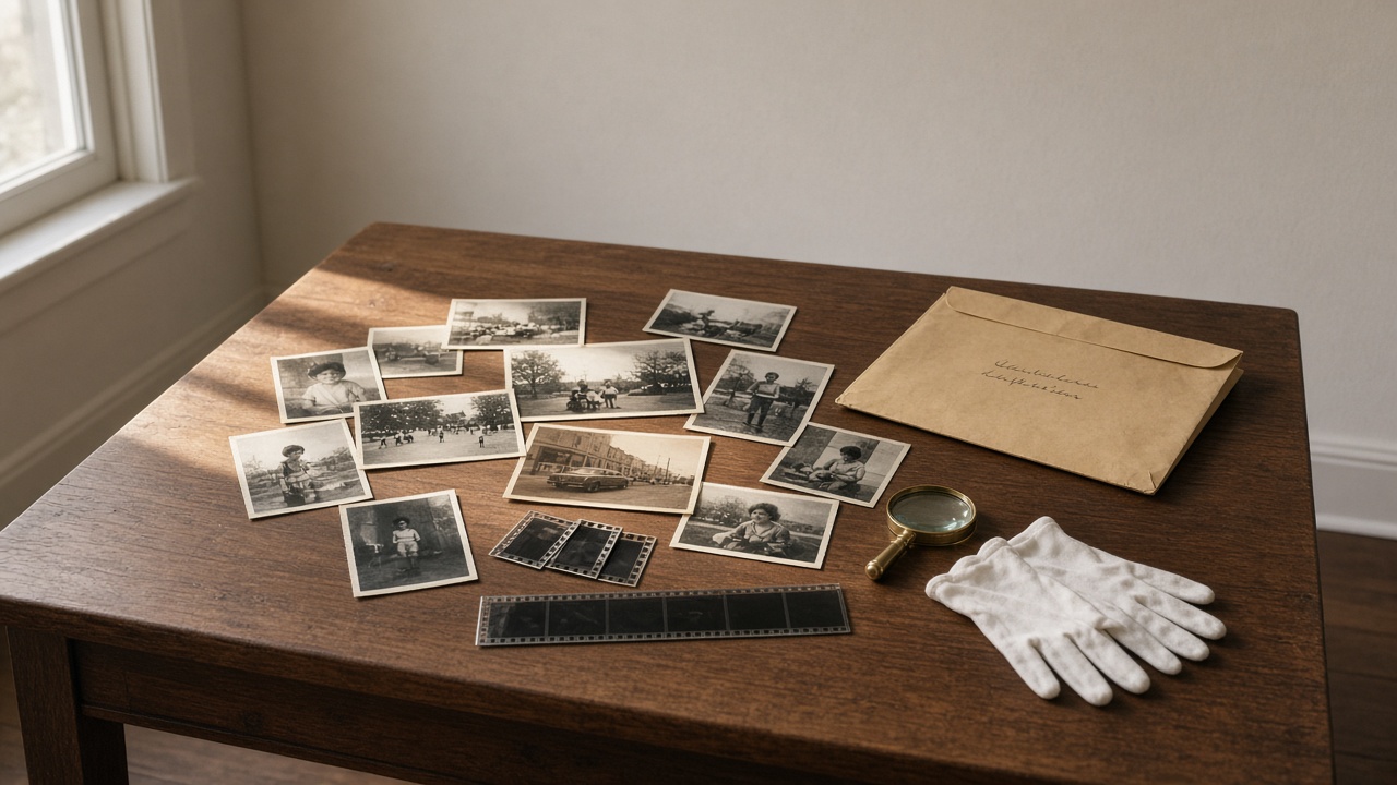 Wooden table with old family photographs, film negatives, an archival envelope, cotton gloves, and a magnifying glass in window light