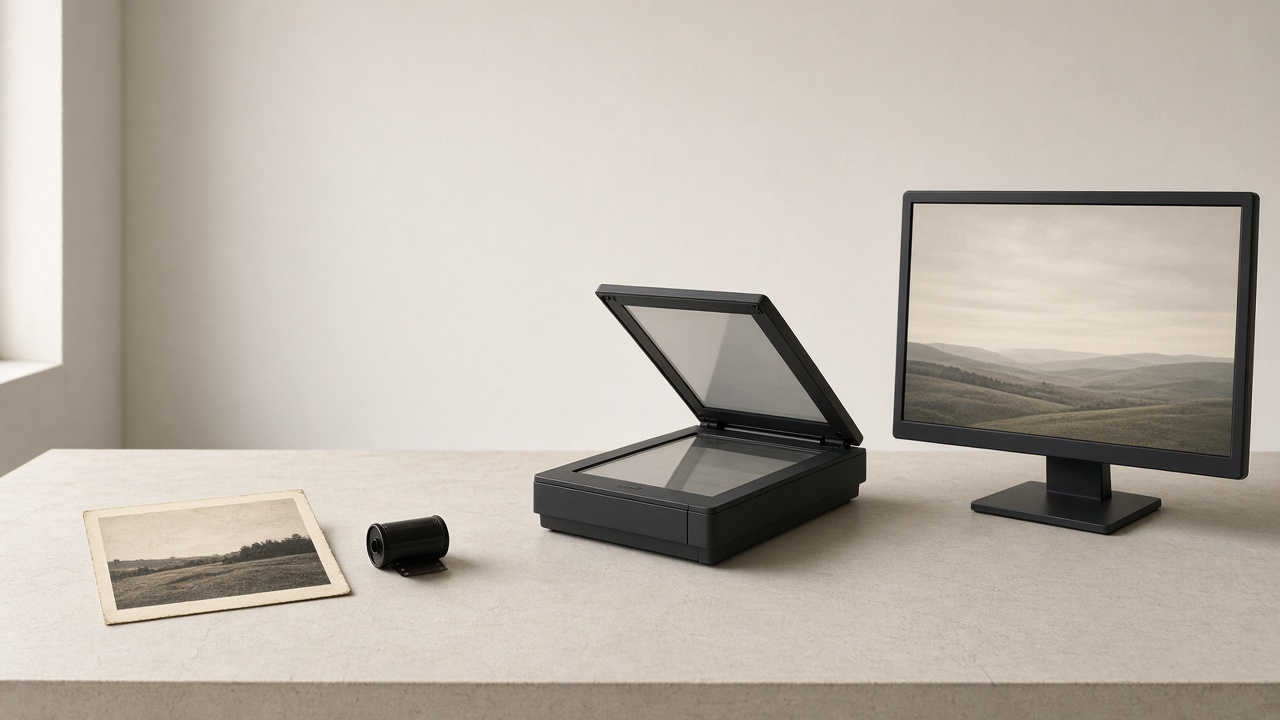 Work table with an old photograph, film, a scanner, and a monitor showing a photograph