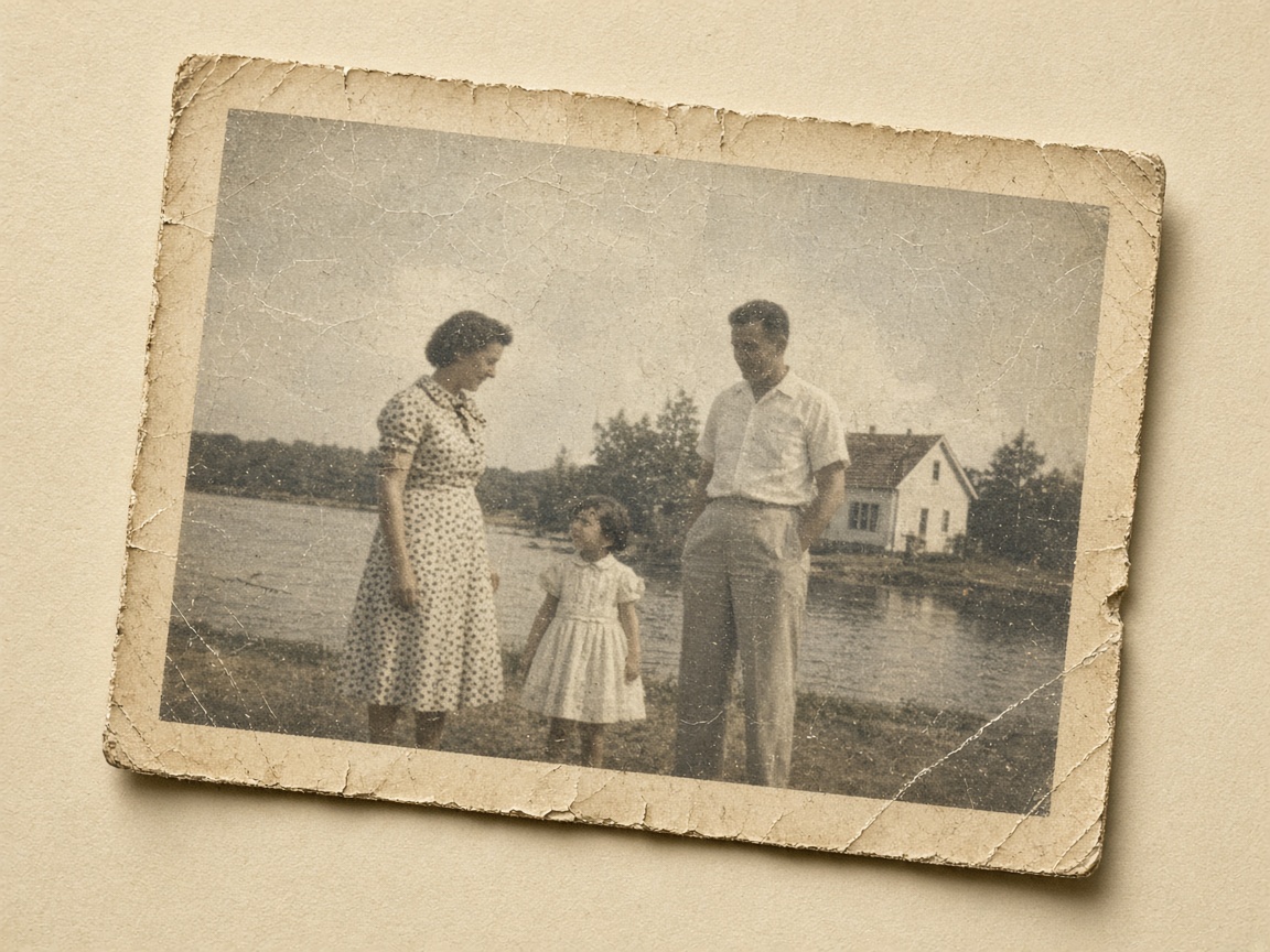 Old paper photograph with a crease, torn edge, and surface scratches