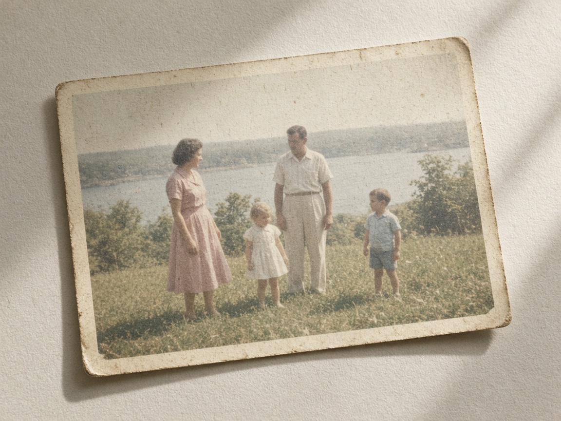 Aged family photograph with faded color and yellowed paper