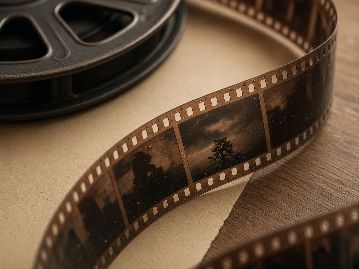 Macro photograph of 35mm negatives and a film reel