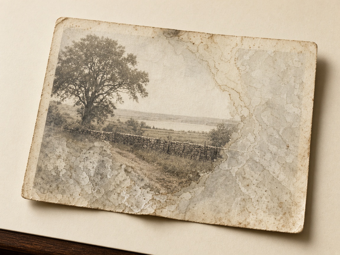 Old photograph with water marks, tide lines, and small stains